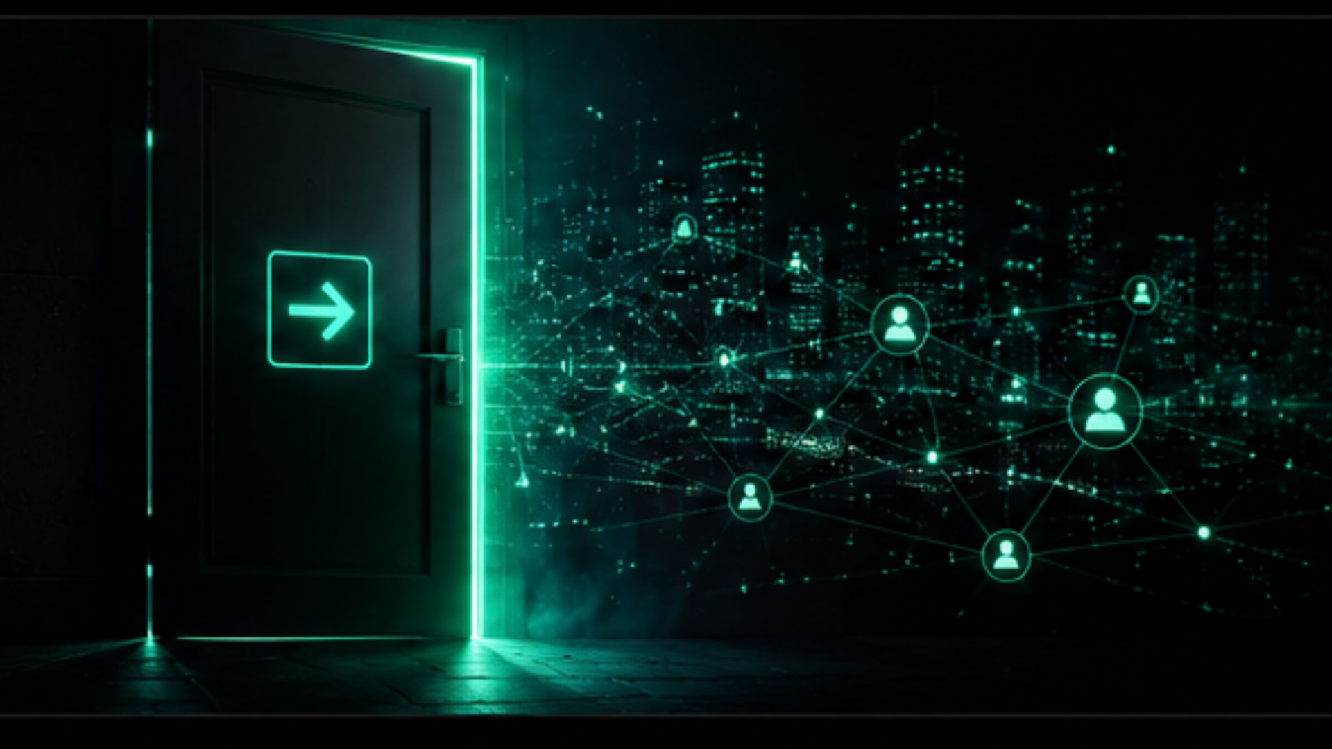 Door opening onto a glowing teal network of executive connections