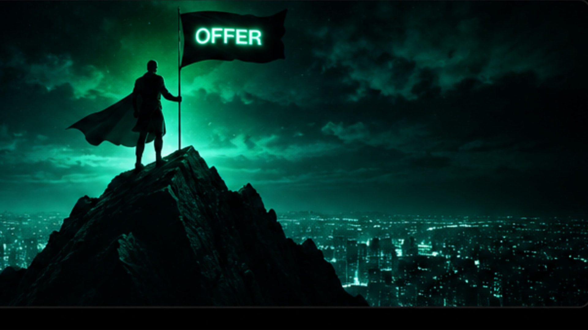 Caped figure planting an OFFER flag on a mountain peak above a city