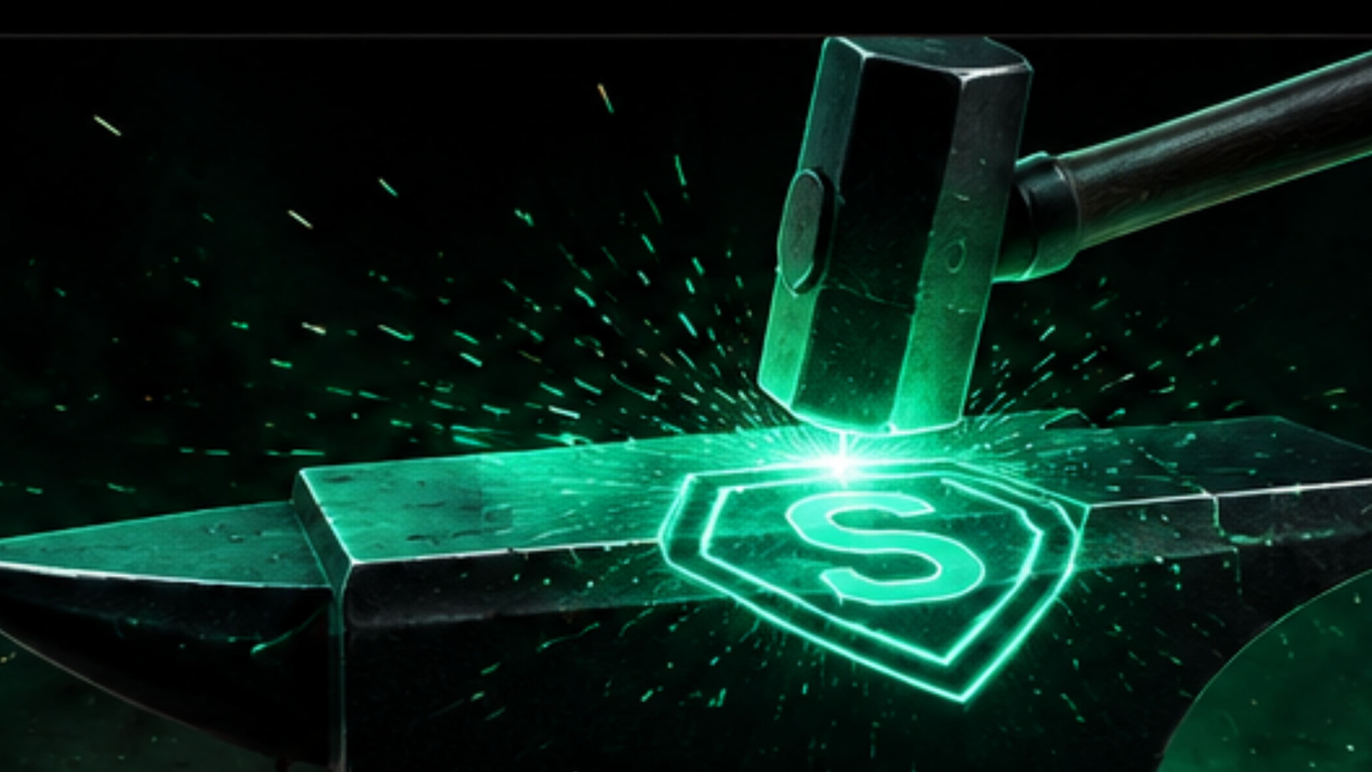 Glowing teal superhero shield being forged on an anvil